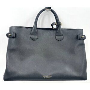 $2,300 BURBERRY Large Black Derby Leather Banner Tote Nova Check Bag Handbag